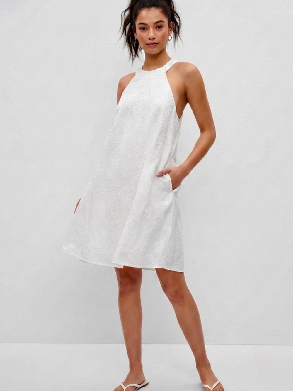 LOFT White Embroidered Halter Dress Size S Cotton